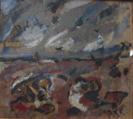 DE PISIS FILIPPO PAESAGGIO CON FUNGHI, 1945 OLIO SU TAVOLA cm 33,5 x 37,3...
