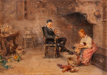Francesco Bergamini (Roma 1851 - 1900)  - Interno con pievano (bozzetto)