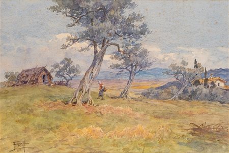 Filippo Anivitti (Roma 1876 - 1955)  - Case nella Campagna romana