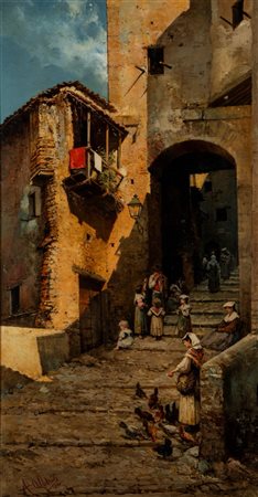 Augusto Alberici (Roma 1846 - 1922)  - Vita di paese, 1890