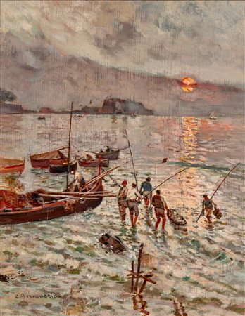 Carlo Brancaccio (Napoli  1861 - 1920)  - Pescatori al tramonto