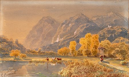 Carlo Bossoli (Lugano 1815 - Torino 1884)  - Paesaggio svizzero