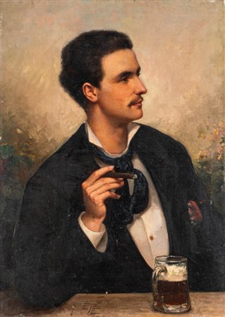 August Pollak (1838 - 1938)  - Ritratto di giovane uomo con boccale di birra, 1878