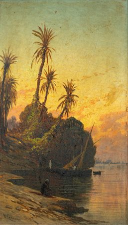 Hermann David Salomon Corrodi (Frascati 1844 - Roma 1905)  - Tramonto sul Nilo