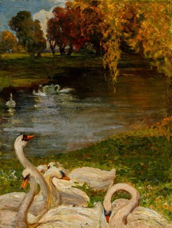 Luigi Rossi (Cassarate 1853 - Tesserete 1923)  - Studio per il dipinto "La Guardiana dei Cigni"