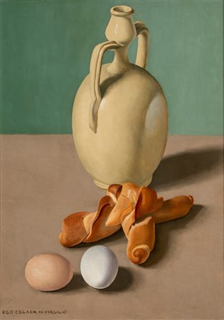 Ugo Celada Da Virgilio (Borgo Virgilio 1895 - Varese 1995)  - Natura morta con brocca, uova e pane