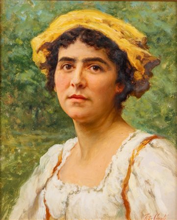 Tito Conti (Firenze 1842 - 1924)  - Ritratto di donna con copricapo giallo