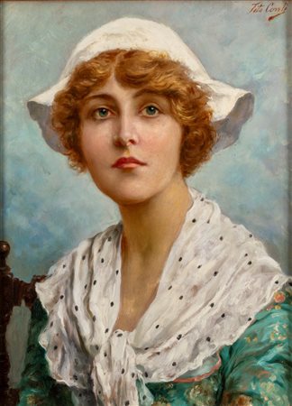 Tito Conti (Firenze 1842 - 1924)  - Ritratto di giovane donna con cappello bianco e foulard