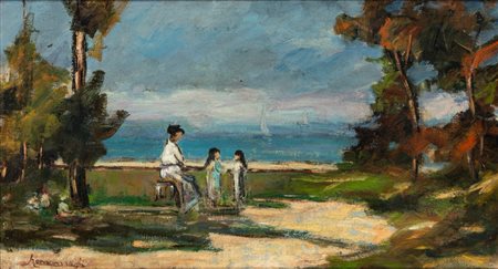 Ludovico Tommasi (Livorno 1866 - Firenze 1941)  - Paesaggio con figure (bozzetto)