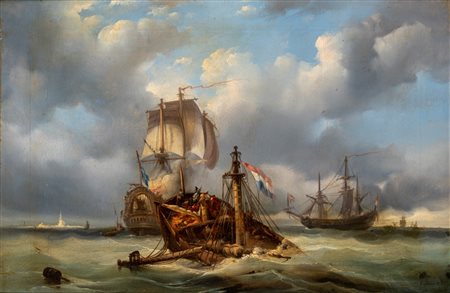Francois Etienne Musin (Belgio 1820 - 1888)  - Marina con velieri