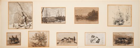 Filiberto Petiti (Torino 1845 - Roma 1924)  - Otto disegni e una incisione, di tecniche e soggetti diversi, in un'unica cornice