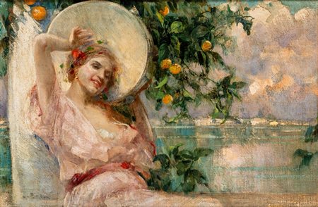 Luca Postiglione (Napoli 1876 - 1936)  - Ragazza con tamburello