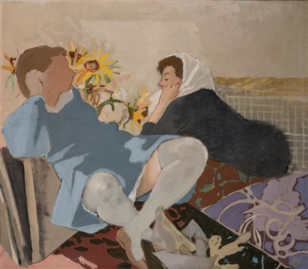 Bernardino Palazzi (Roma 1907 - 1986)  - Due donne (interno con figure), 1965