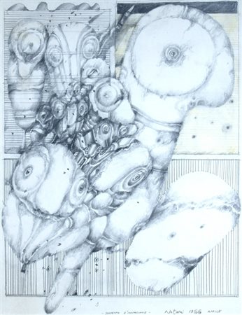 NOTARI ROMANO (Foligno 1933) "Sospetto d'invasione" 1966 Matita su carta cm....