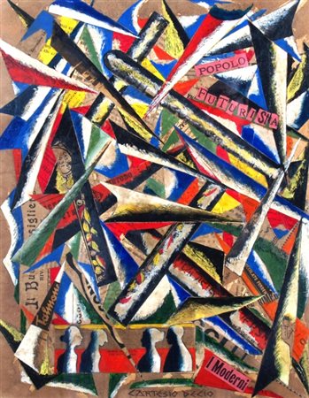 CARTESIO DECIO "Popolo futurista" Olio e tecnica mista su carta povera cm. H:...