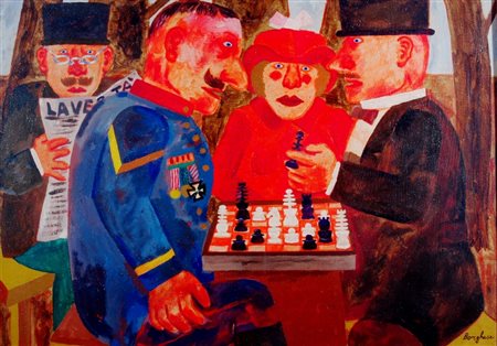 BORGHESE FRANZ (Roma 1941 - Roma 2005) "Giocatori di scacchi" Olio su tela...