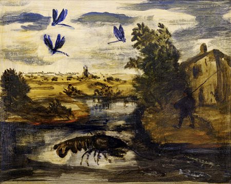 Gambero, libellulee pescatore nel paesaggio