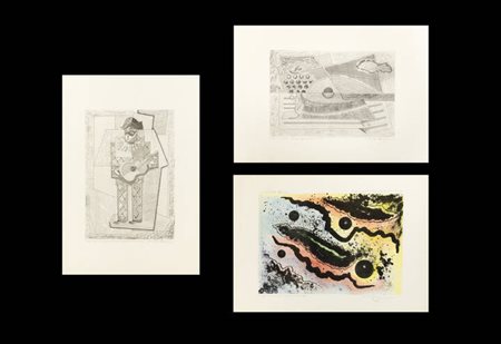 PIPPO ORIANI<BR>Torino 1909 - 1972 Roma<BR>Lotto di tre grafiche:<BR>A)"Conquista siderale IV"<BR>B)"Fruttiera e mandolino" <BR>C)"Arlequin qui jove à la guitare"