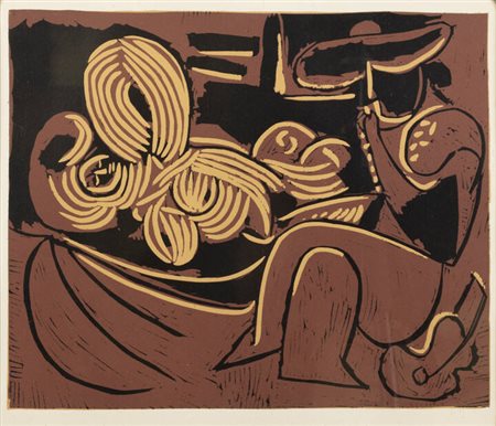 PICASSO PABLO (D'après)<BR>Malaga (Spagna) 1881 - 1973 Mougins (Francia)<BR>"Femme couchè et homme a la guitare", 1962