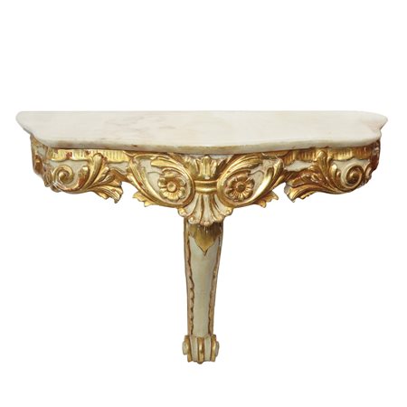 Piccola consolle da muro in legno laccato e dorato, piano in marmo bianco