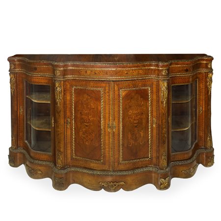 Grande etagere Napoleone III  in radica di noce con intarsi in legni chiari di tipo floreale e bronzi applicati, 19° secolo