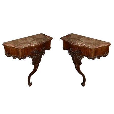 Coppia di consolle/comodini da muro con marmo rosso al piano