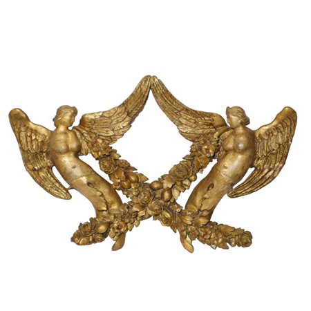 Piccolo fregio in legno dorato con putti e ghirlanda di fiori