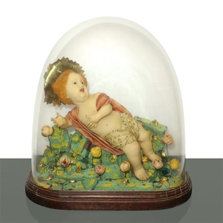 Gesù Bambino in ceroplastica in teca, 19° secolo
