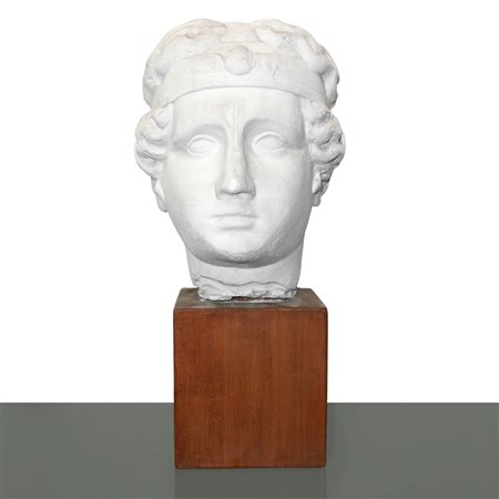 Testa di Diana in gesso bianco su base in legno