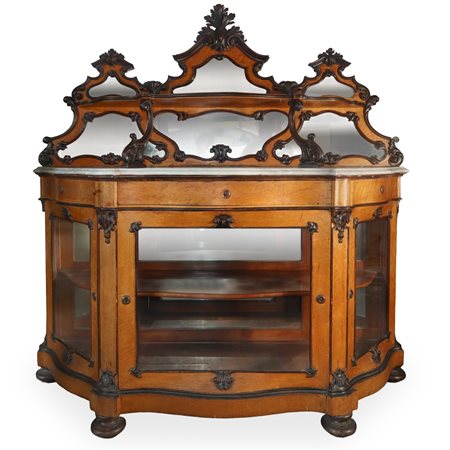 Etagere con alzata, marmo bianco al piano e sportelli a vetri