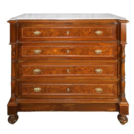 Cassettone in radica di noce 4 cassetti con colonne ai lati