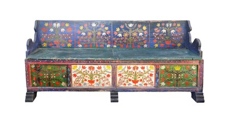 Cassapanca a panchetta con spalliera laccata e dipinta, Sud Tirolo, primi 19° secolo