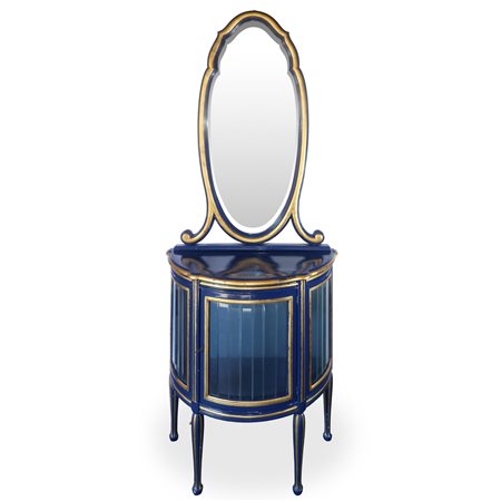 Mobile vetrina con specchiera ovale laccato blu e dorato, first half of the 20° secolo