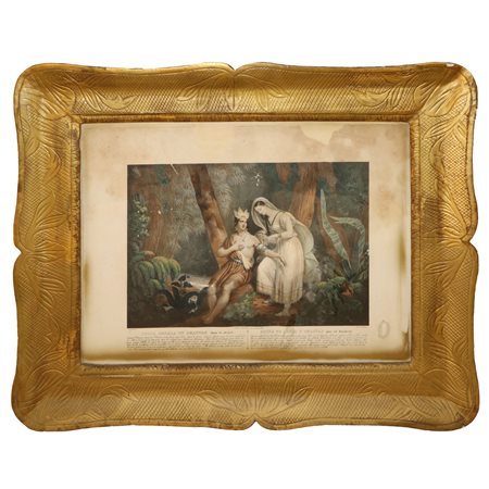 Cornice a vassoio in legno dorato a foglia bulinata con stampa del XIX secolo, Sicilia 19° secolo