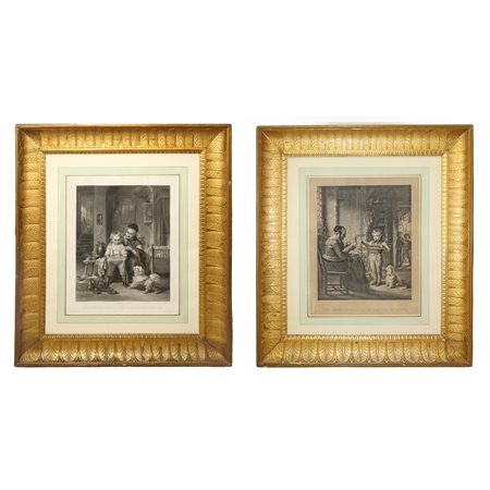 Coppia di cornici impero in legno dorato, bulinato e intagliato con foglia d'acanto, primi 19° secolo