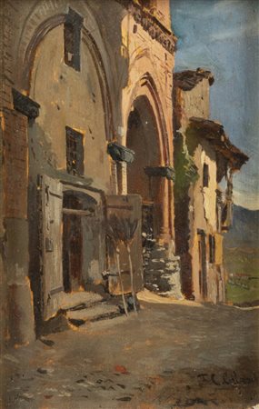 PIER CELESTINO GILARDI<BR>Campertogno (VC) 1837 - 1905 Borgosesia (VC)<BR>"Scorcio di paese con paesaggio"