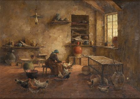 GIUSEPPE GHEDUZZI<BR>Crespellano (BO) 1889 - 1957 Torino<BR>"Interno con contadina e galline"