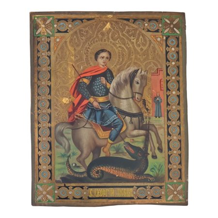 Icona da viaggio su tavola raffigurante San Giorgio e il drago