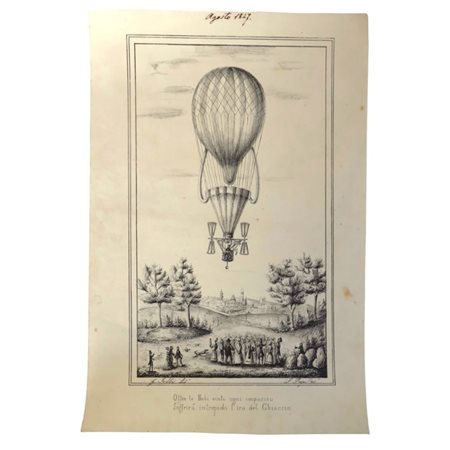 Litografia su carta raffigurante un volo del bolognese Francesco Orlandi, un pioniere del volo tra il 1820 e il 1849: del Oltre le Nubi vinto ozni impaccto Soffrira intrepido l'ira del Ghiaccio.