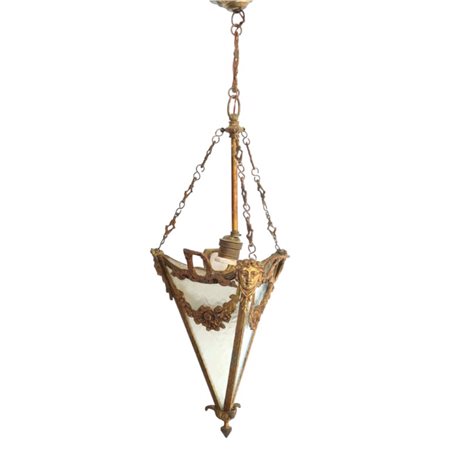 Lumiera a sospensione in metallo dorato e vetro, in stile Luigi XVI