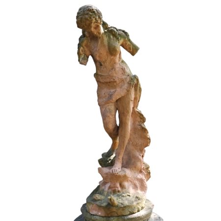 Fanciulla in piedi sul dorso di un delfino, scultura in terracotta