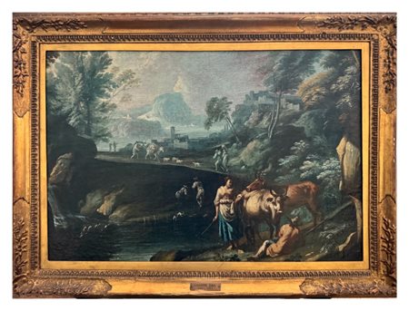 Attribuito a Tomaso Porta (Brescia 1686 - Verona 1766) Paesaggio fluviale con pastori e armenti