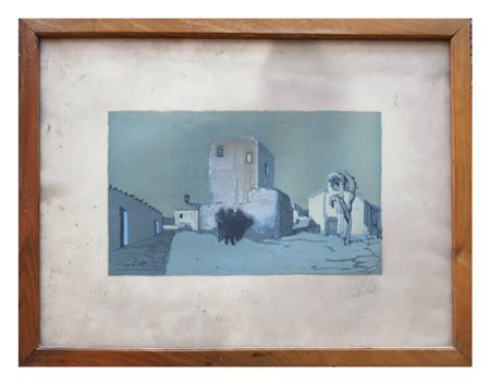 Giuseppe Biasi da Teulada (Sassari, 1885 - Andorno Micca, 1945), Serenata al chiaro di luna. paesaggio con case