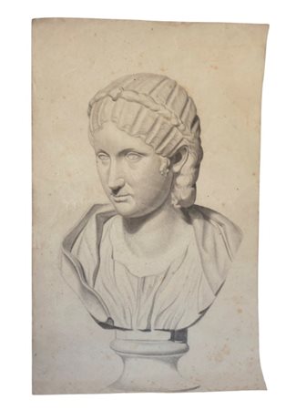 Disegno a matita raffigurante studio accademico da un busto antico di Claudia Marcella Major