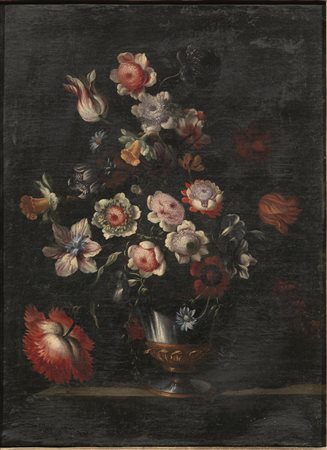 Scuola romana, sec. XVIICOMPOSIZIONI FLOREALI ENTRO VASI IN METALLOcoppia di...