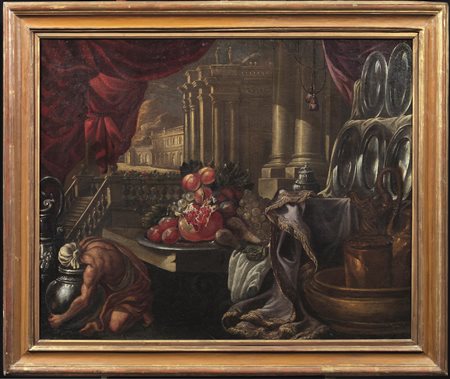 Scuola emiliana, fine sec. XVIINATURA MORTA CON VASSOIO DI FRUTTA E PIATTAIA...