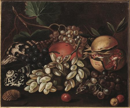 Scuola napoletana, secc. XVII-XVIII NATURA MORTA CON UVA MELOGRANI E...