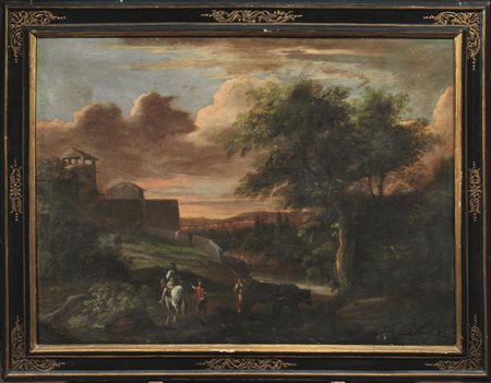 Scuola romana, fine sec. XVIIPAESAGGIO CON VIANDANTIPAESAGGIO CON PASTORI E...