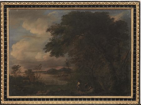 Scuola veneta, inizi sec. XVIII PAESAGGIO BOSCHIVO CON VIANDANTI olio su...