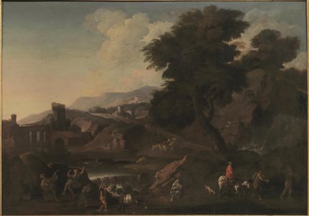 Pittore nordico a Roma, sec. XVIIPAESAGGIO CON VIANDANTI, FIUME E...